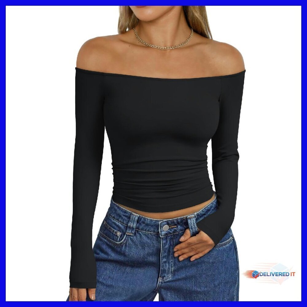 Long Sleeve Off Shoulder Top Y2K Basic Polyester Spandex Slim Fit